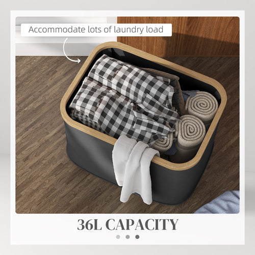 36L black foldable laundry basket with natural bamboo top and carry handles – eco-friendly, space-saving washing hamper.