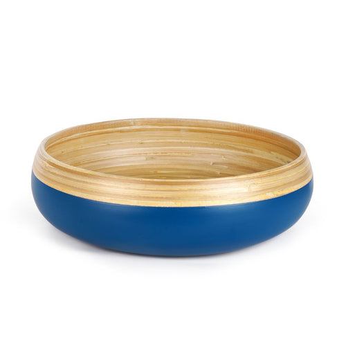 Handcrafted 30cm blue bamboo fruit bowl with natural interior – eco-friendly rustic home decor made in Vietnam